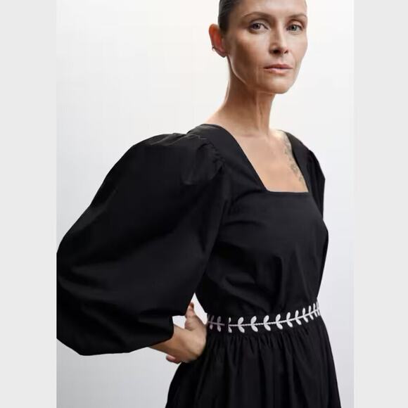 🖤 MANGO Puff Sleeve Mini Dress NWT | Embroidered Cotton Bow Back 6 - Picture 4 of 14